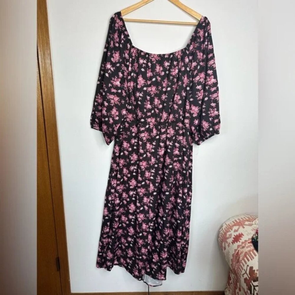 NEW Bloomchic Black & Pink Floral Midi Dress with Puff Sleeve | 28 - Picture 3 of 5